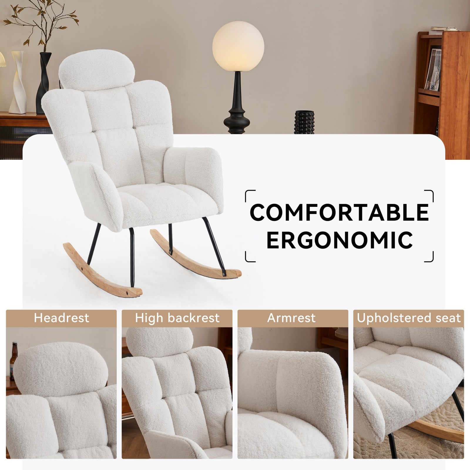Plush Upholstered Teddy Fabric Rocking Glider Chair with High Backrest & Pillow