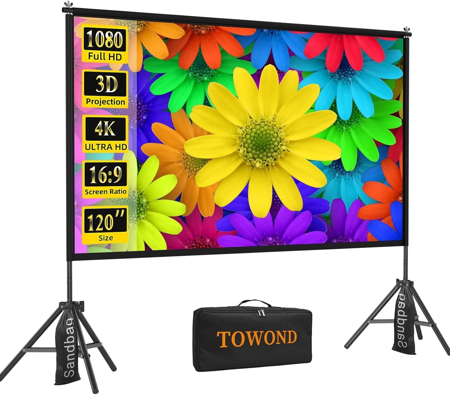 Projector Screen with Stand,120 Inch Indoor Outdoor Portable 16:9 HD Rear Front