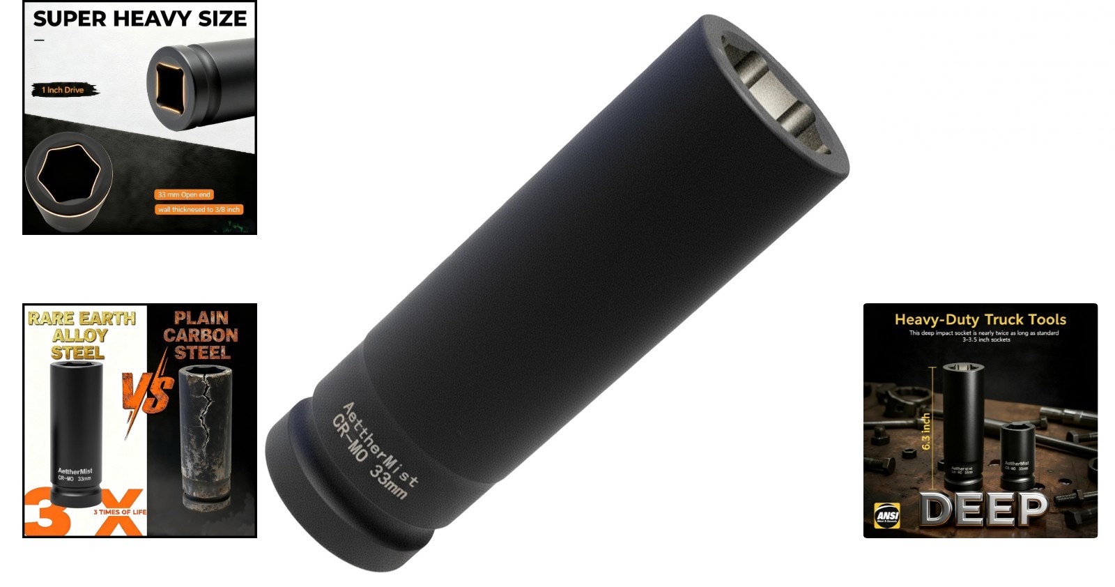 1 Inch Driver 33mm Extra Deep Impact Socket, 6.3 inch Length Deep Axle Nut So...
