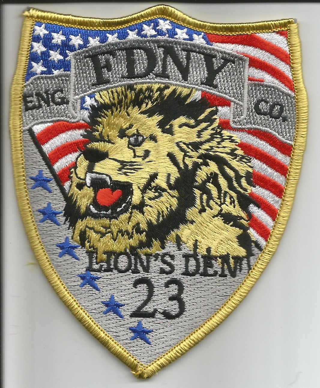 New York City - FDNY Engine - 23 "Lion's Den-Gold", NY (3.5" x 3.75") fire patch