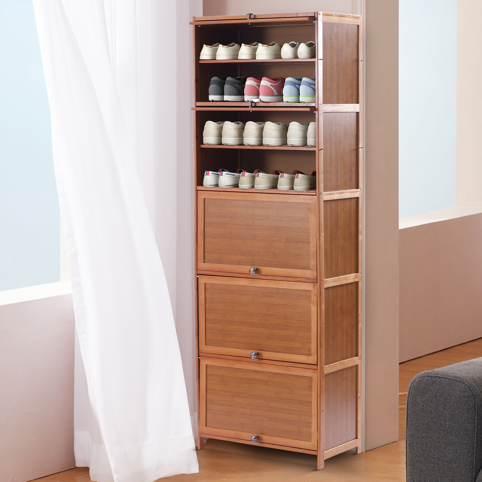 10 Tier Shoe Storage Rack Bookshelf with Cabinet Concealed Sliding Doors 20-Pair