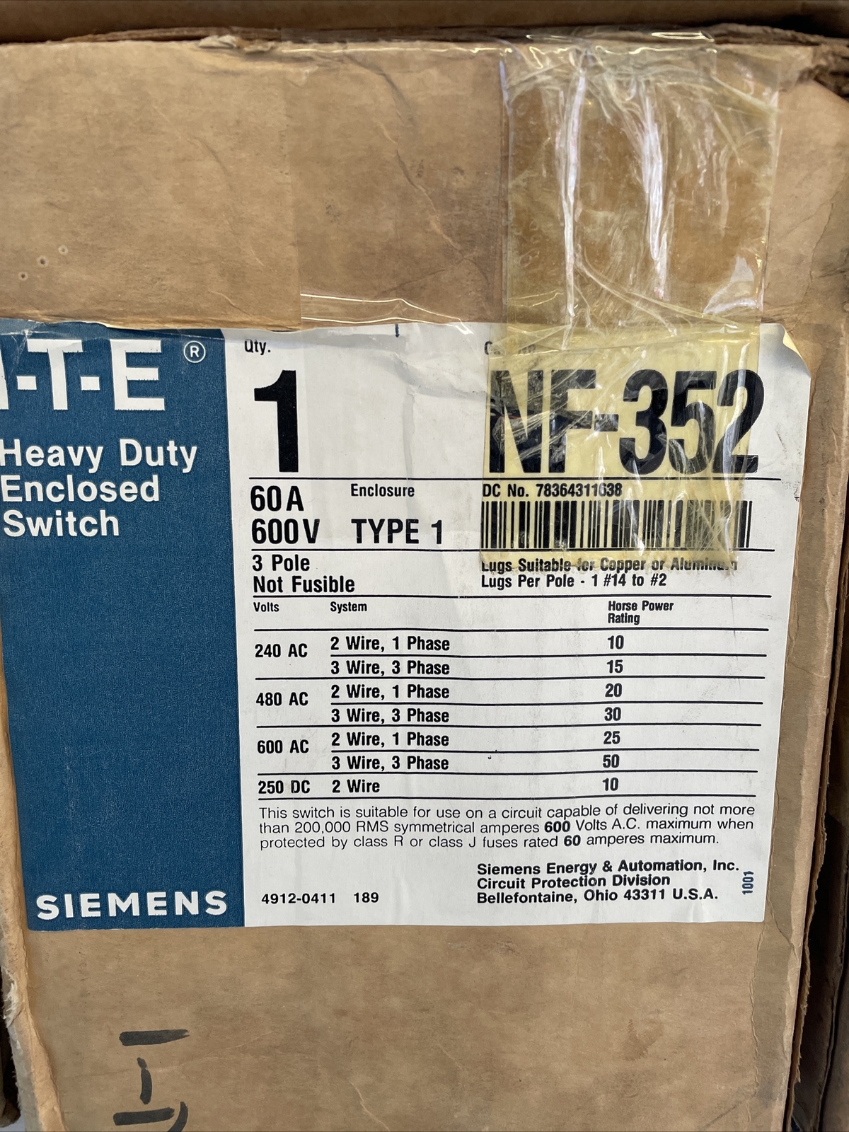 ITE Siemens NF-352 Heavy Duty Non-Fusible Safety Switch NF352 60A 600V 3P New