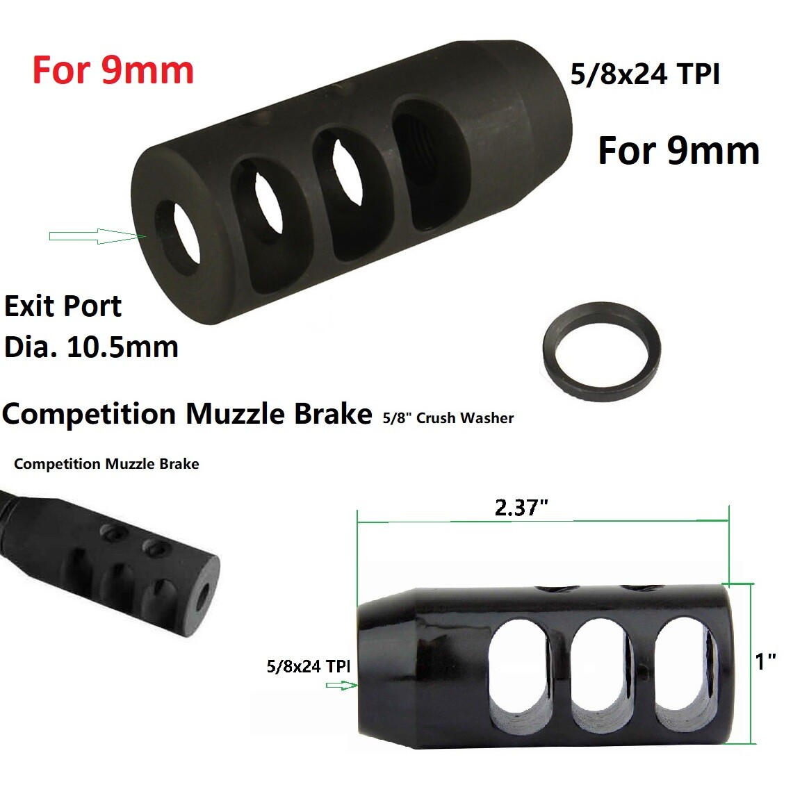 Steel Competition Low Concussion 5/8x24 TPI Muzzle Brake Compensator 9mm 9 mm