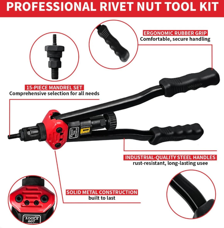 WORKPRO 16" Rivnut Tool Kit 11 Metric & SAE Mandrels Hand Nutsert Rivet Tool Set
