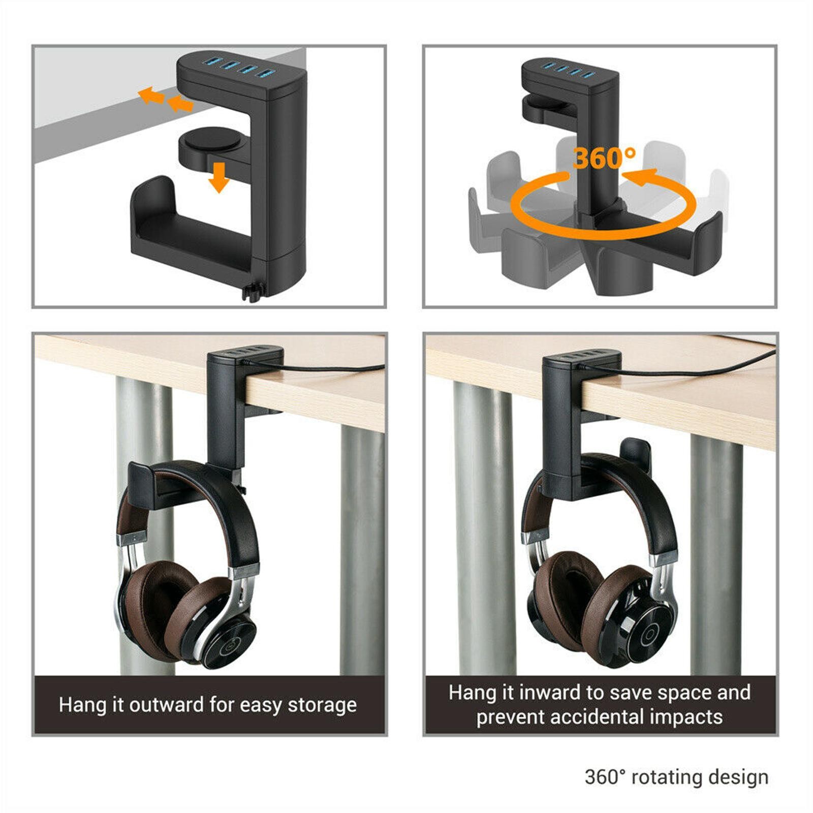 360° Rotation Headset Holder Earphone Storage Hook Stand 4-Port USB Data Hub pp