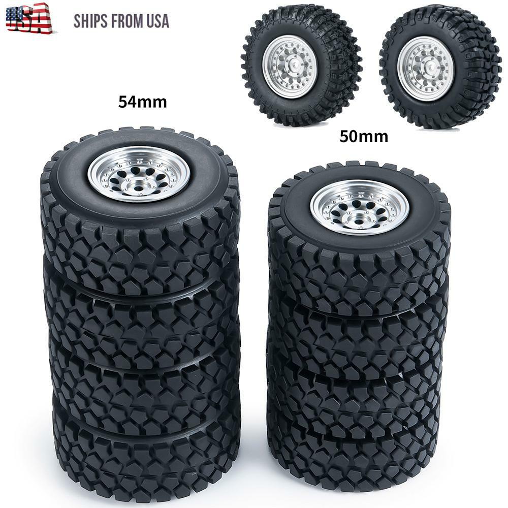 1.0" CNC Beadlock Wheel Rims+Tires 50/54mm for 1:24 RC Axial SCX24 90081 00001/2