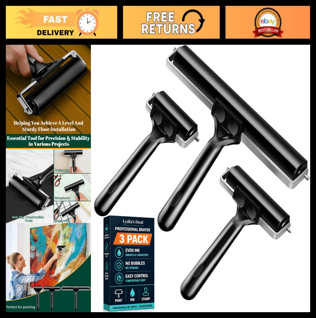 3 Pack Rubber Brayer Rollers - Crafting, Printmaking, Ink & Glue Applicators (2.
