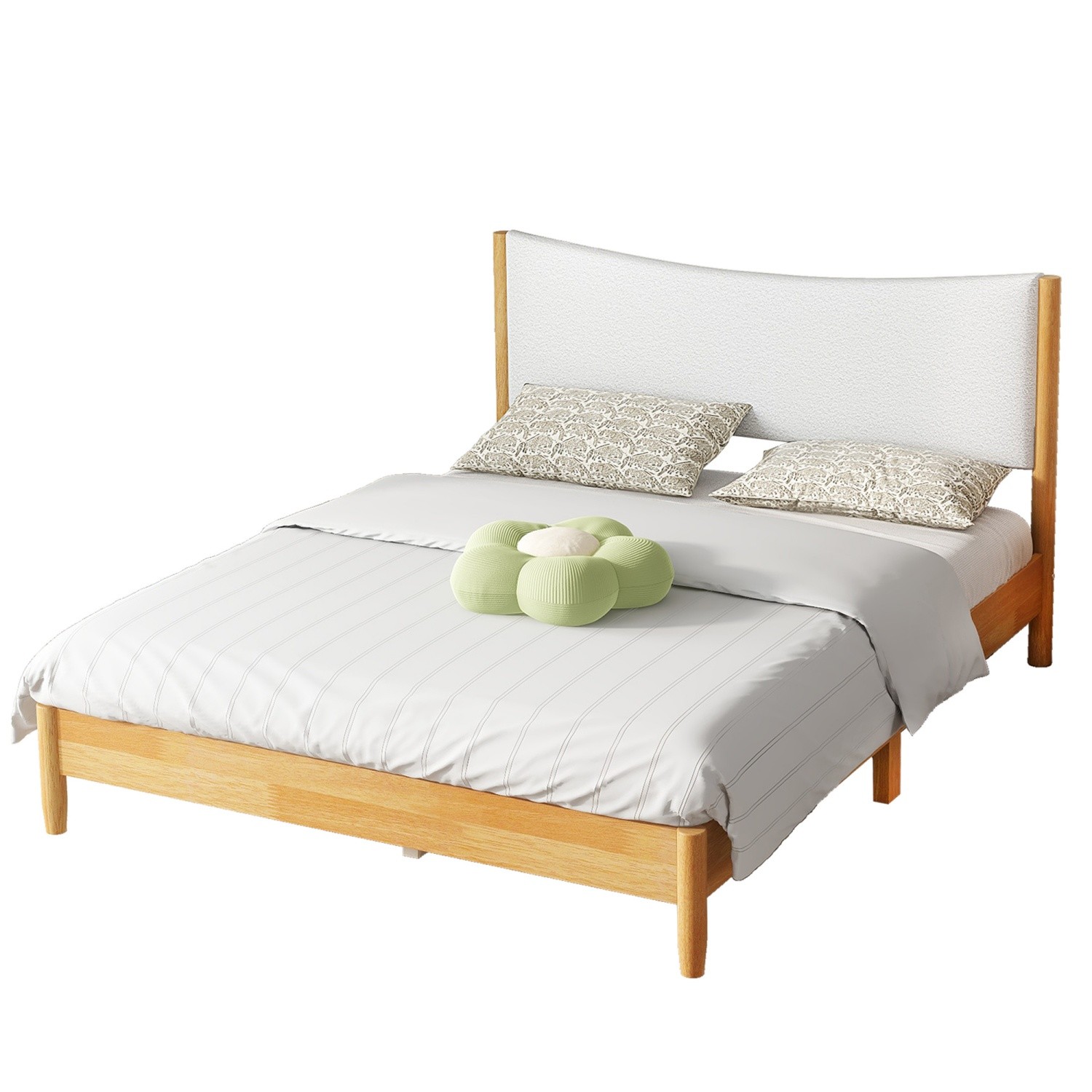 Queen Size Solid Wood Platform Bed Frame with Upholstered Headboard Natural