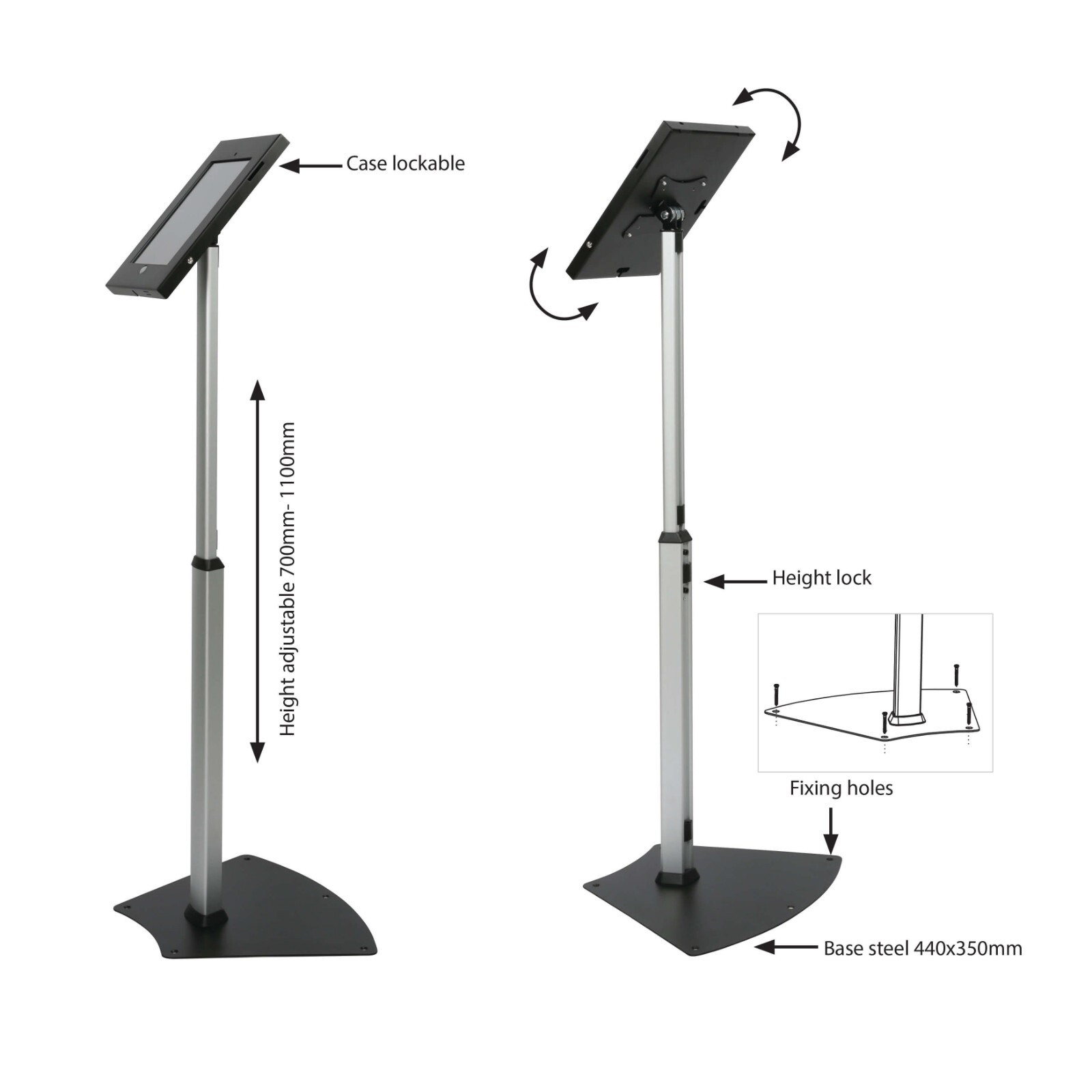 Floor Standing Lockable Secure Tablet Kiosk Adjustable Height with 90� Tilt