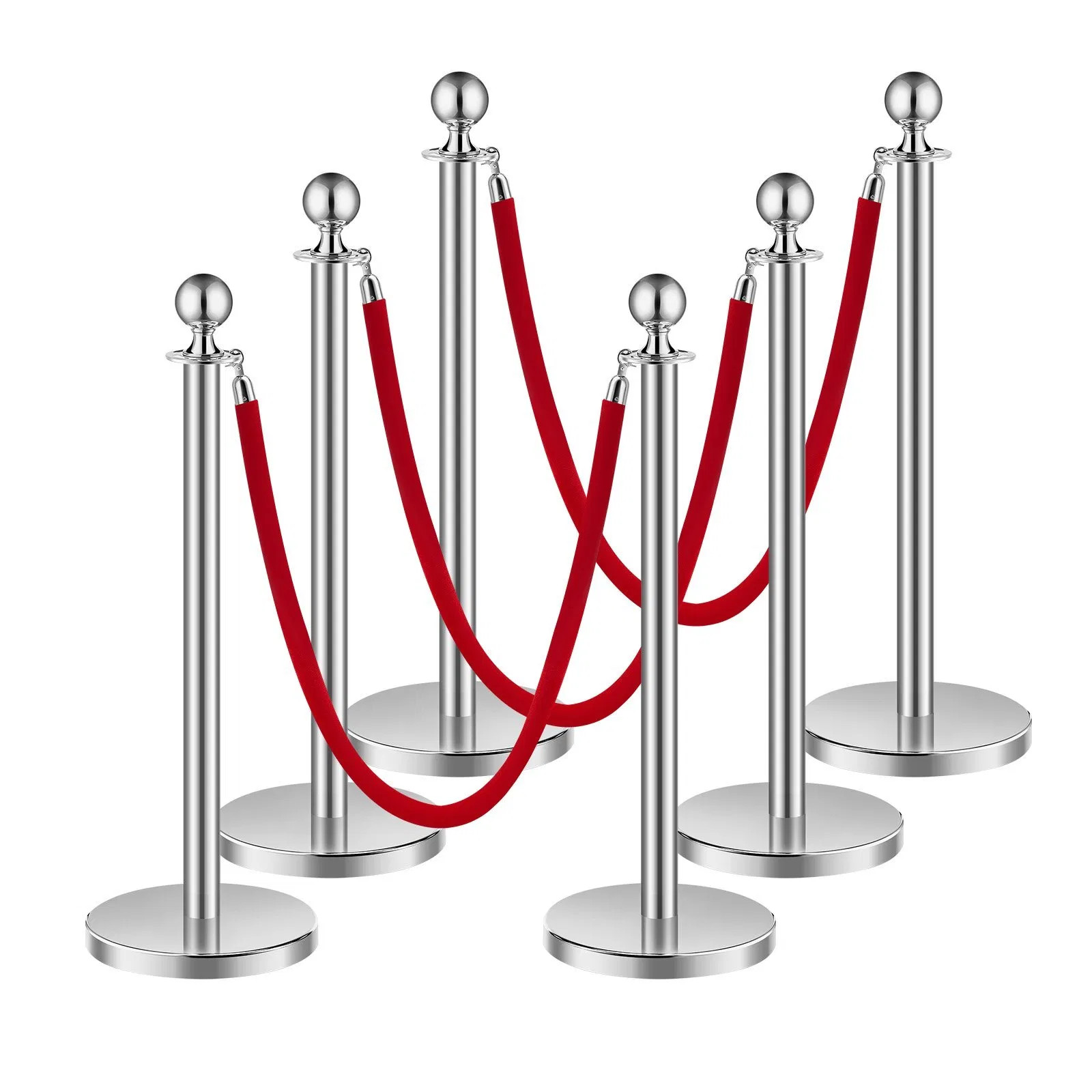 Stanchions and Velvet Ropes 6Pcs, Hollow Base with Stainless Steel Post, 3 Red V