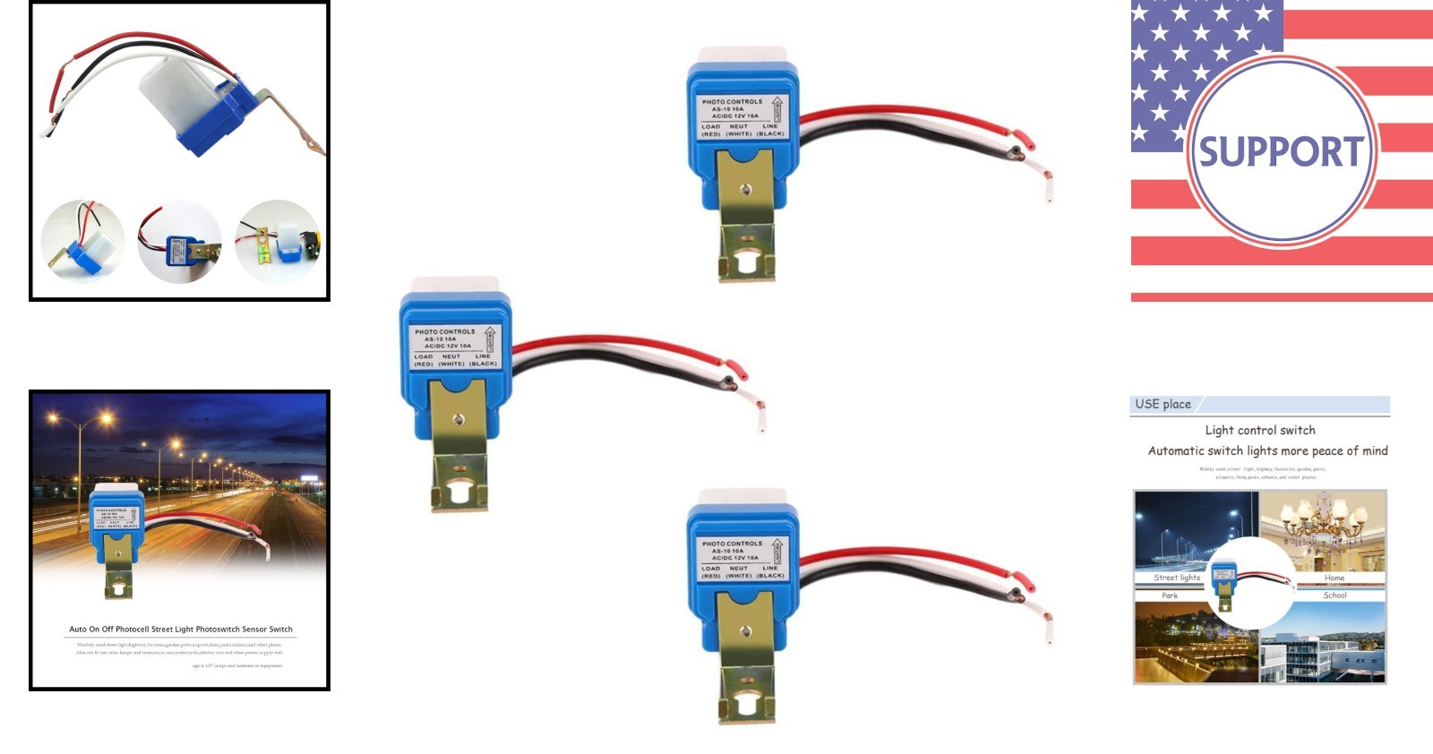 3-Piece 12V 10A Dusk Sensor Switch Set for Automatic Night Lighting Solutions