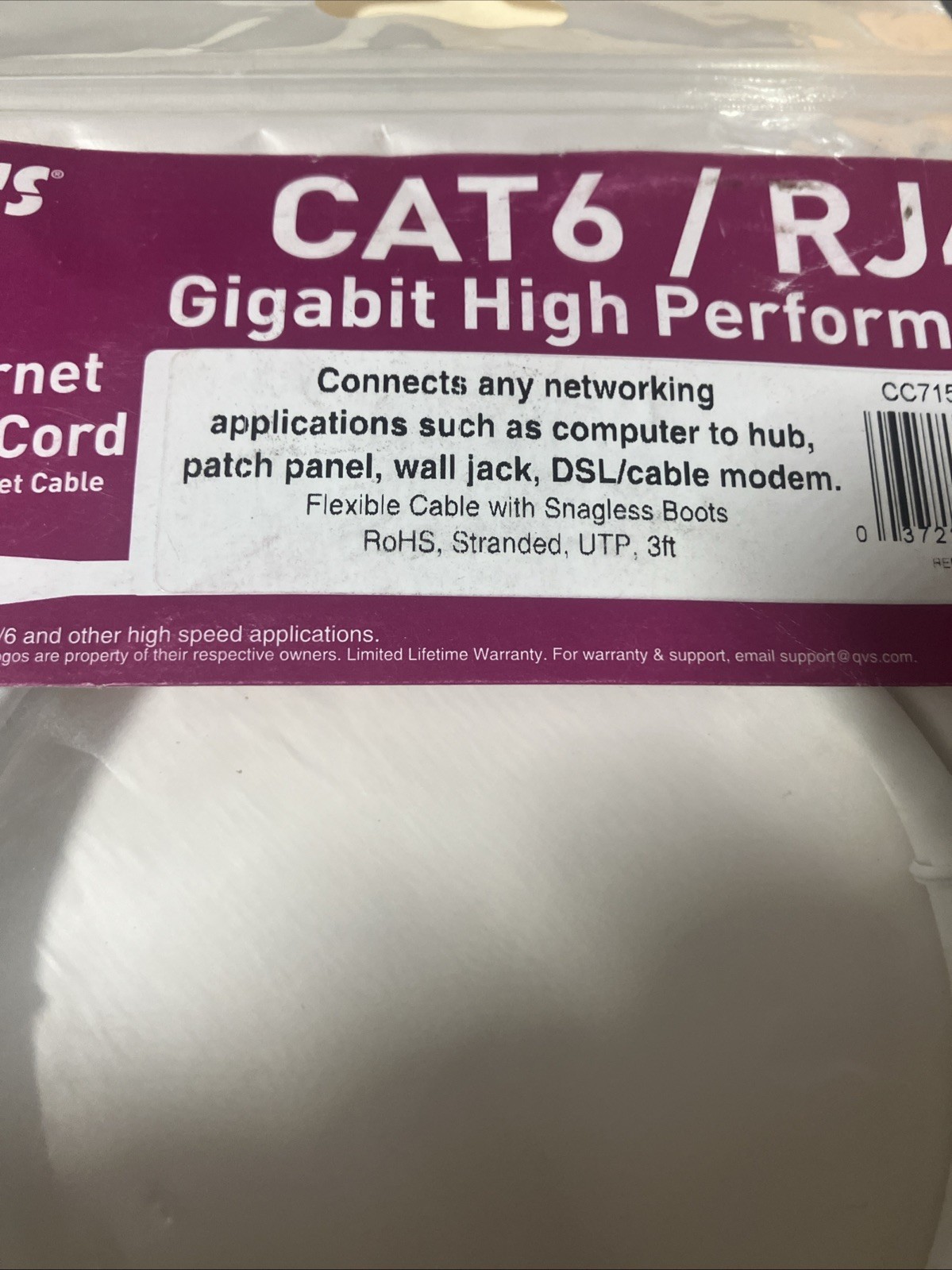 3 ft CAT6 Gigabit Flexible Molded White Patch Cord