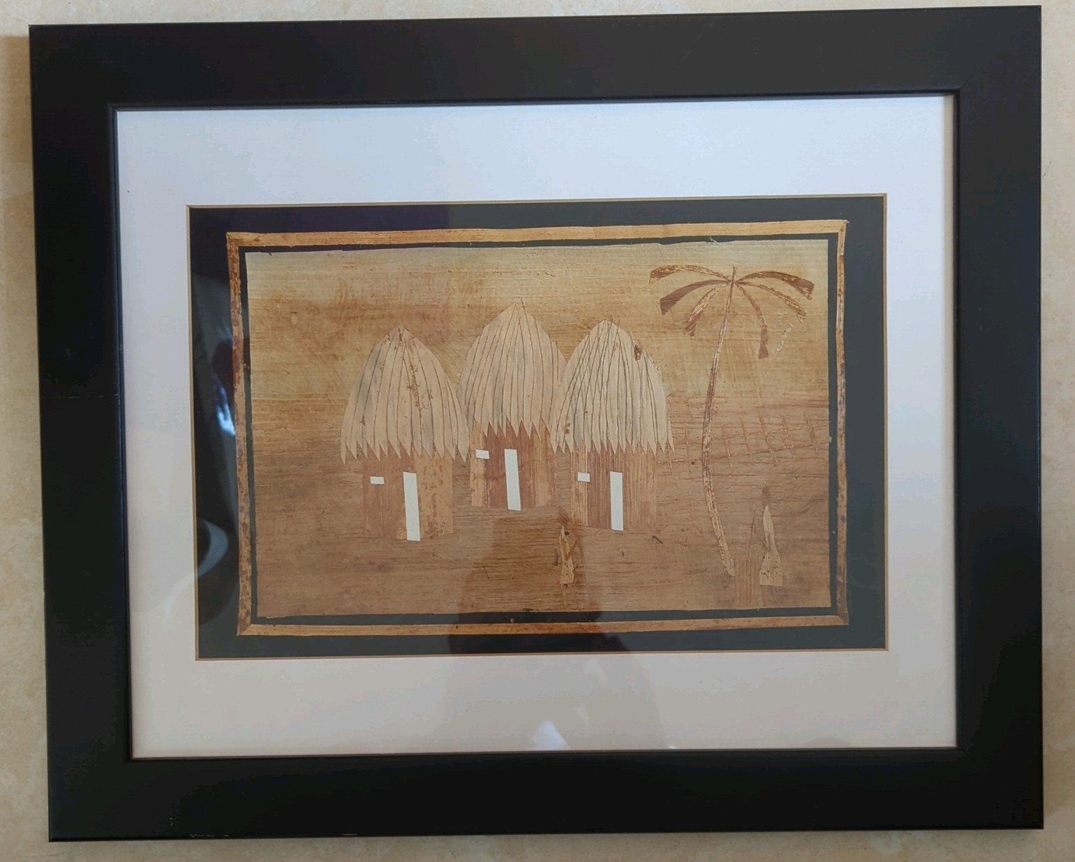 Vintage African Banana Leaf  Art. Framed. Village Scene, Huts Handcrafted