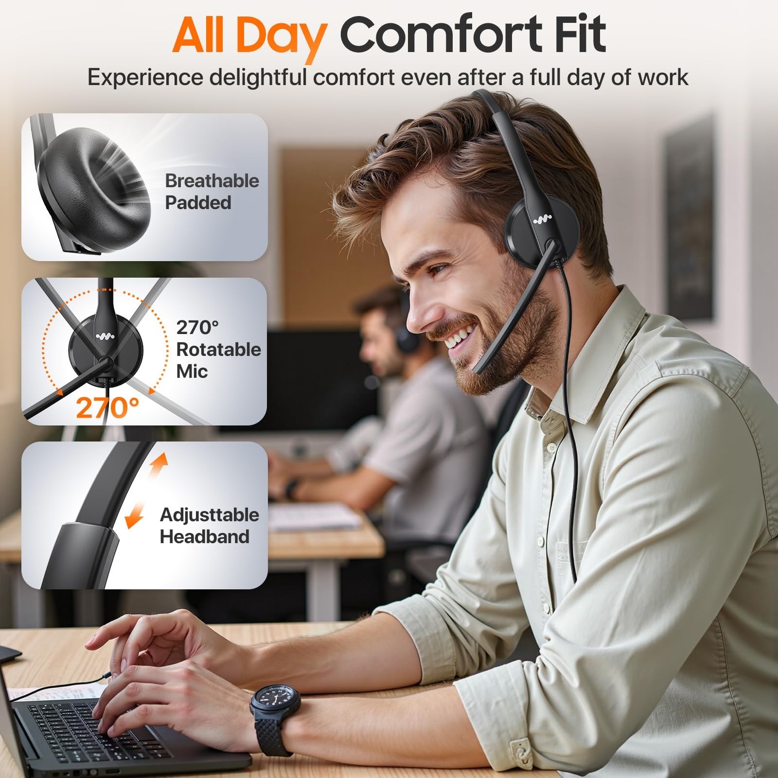 USB Headset with Mic Noise Cancelling USB-A USB-C Black