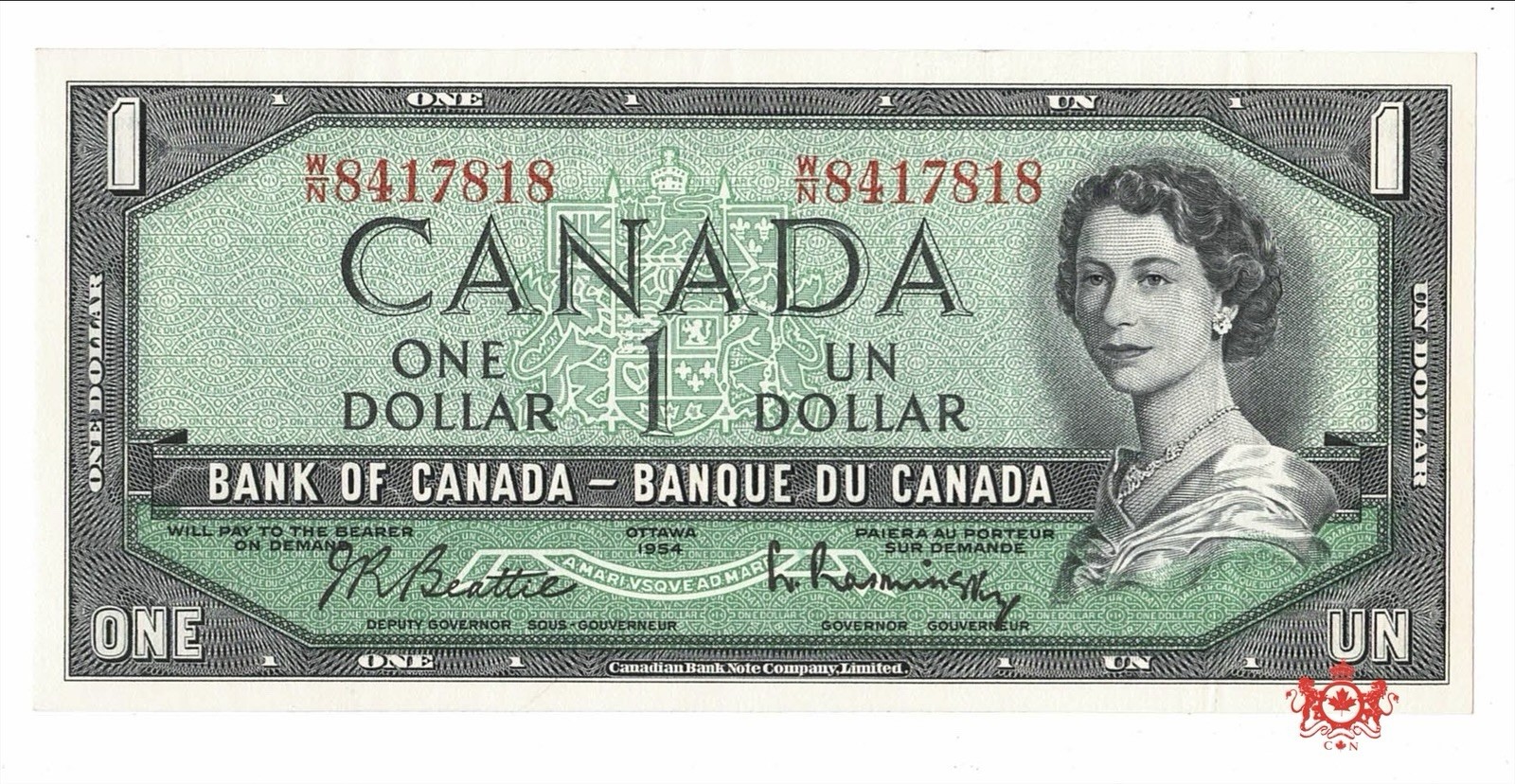 1954 Bank Of Canada 1$ Modified Beattie/Rasminsky No FPN W/N8417818 - VF/EF -