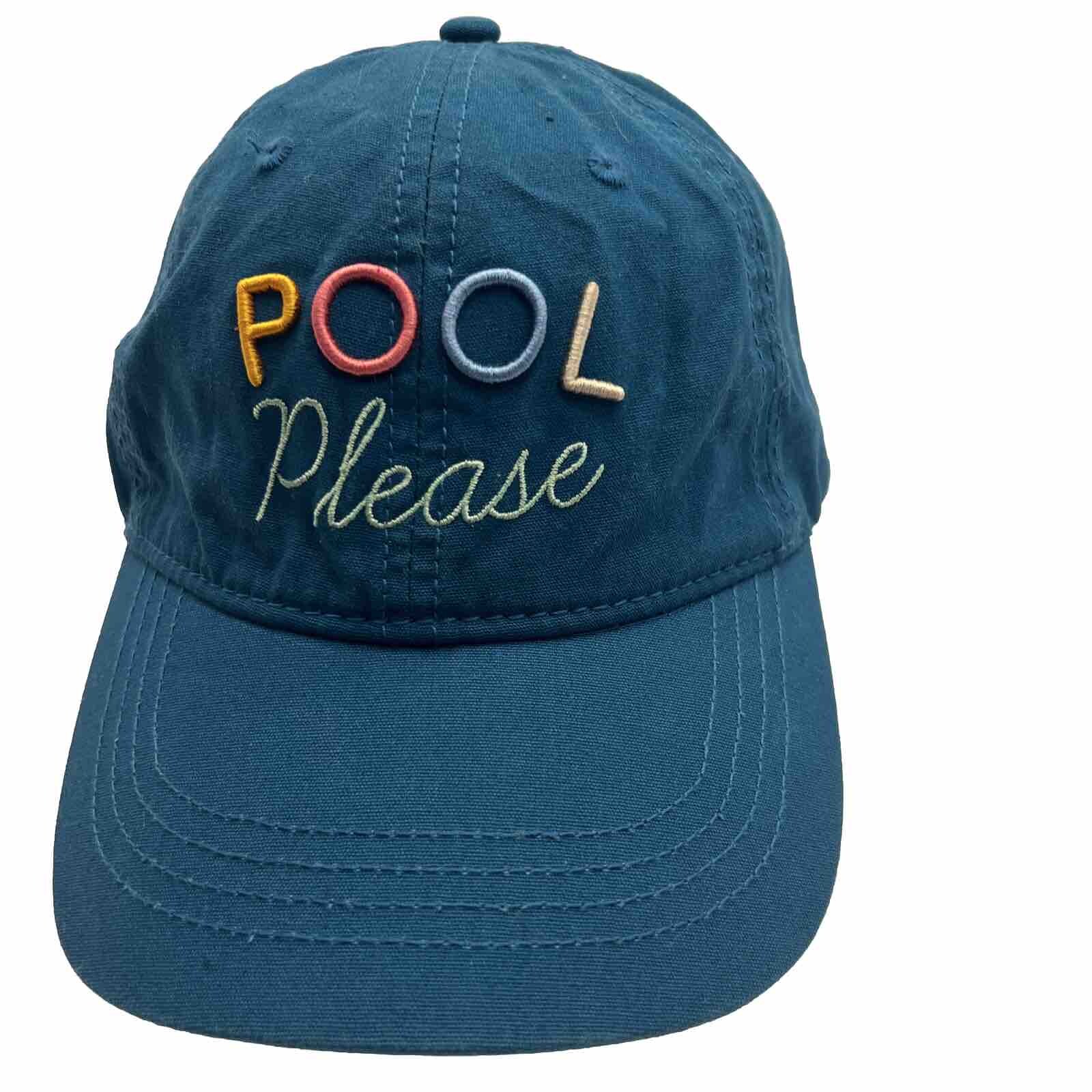 POOL Please Teal Hat Cap Cotton w Multi-Color Embroidery Strap Buckle EUC