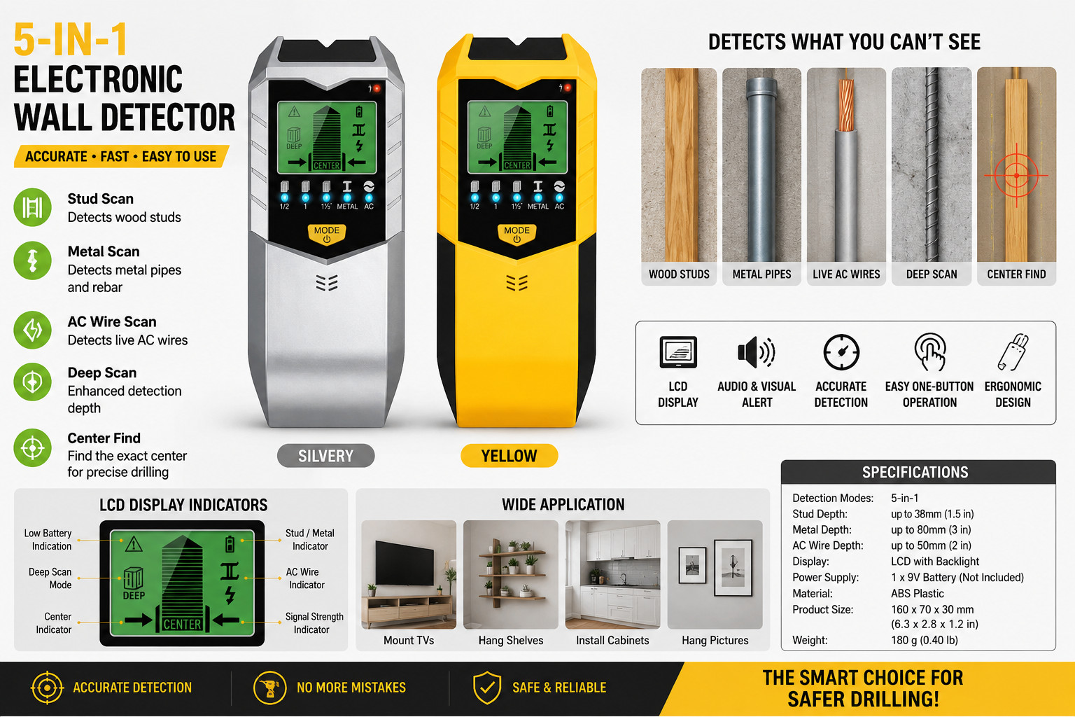 5 in 1 Stud Finder Wall Scanner LCD Display Detector for Wood AC Wire Metal Pipe