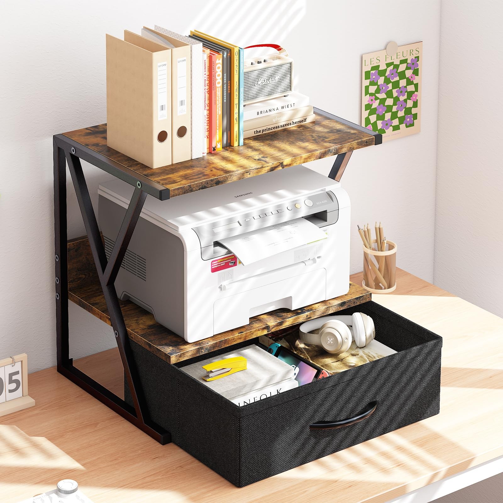 aboxoo Printer Stand for Desk with Storage Drawer, 2 Tier Brown