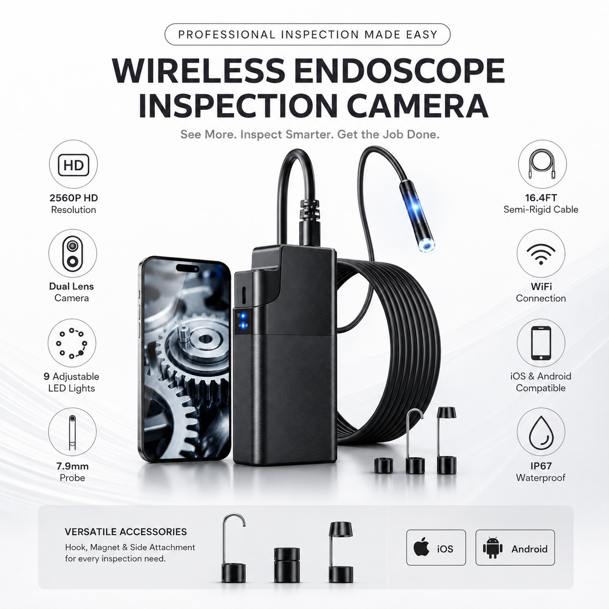 2560P HD Endoscope Inspection Camera Borescope Snake Waterproof 16.4FT