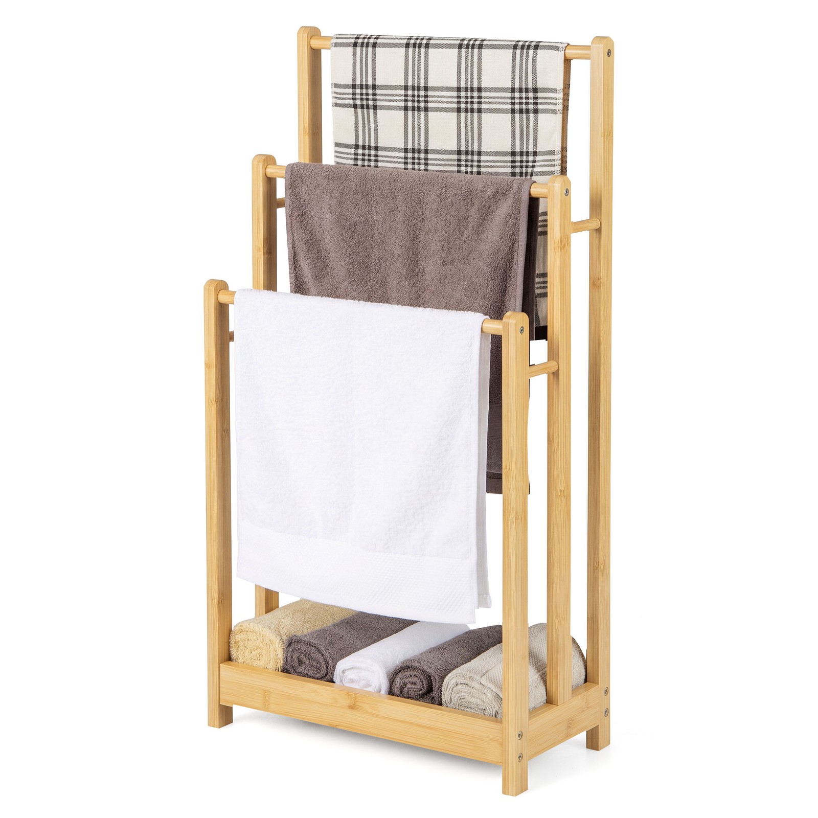 18" x 9" x 34" Free Standing Towel Rack, Blanket Ladder Holder w/Storage Shelf