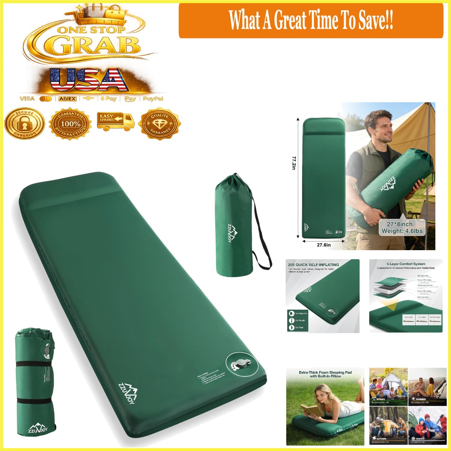 Memory Foam Camping Sleeping Pad Full Size 3.1" Ultra-Thick with Pillow Green
