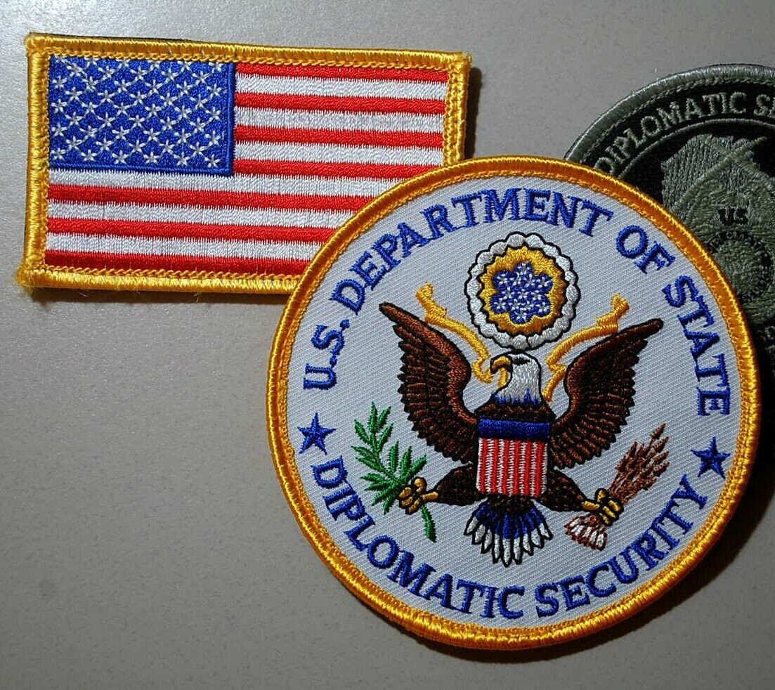 US STATE DEPT. DIPLOMATIC SECURITY vêlkrö 2-PATCH SET: DSS INSIGNIA + US FLAG