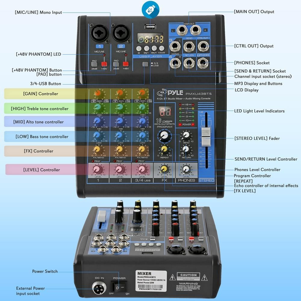 Pyle 4-Ch. Bluetooth Studio Mixer - DJ Controller Audio Mixing Console System
