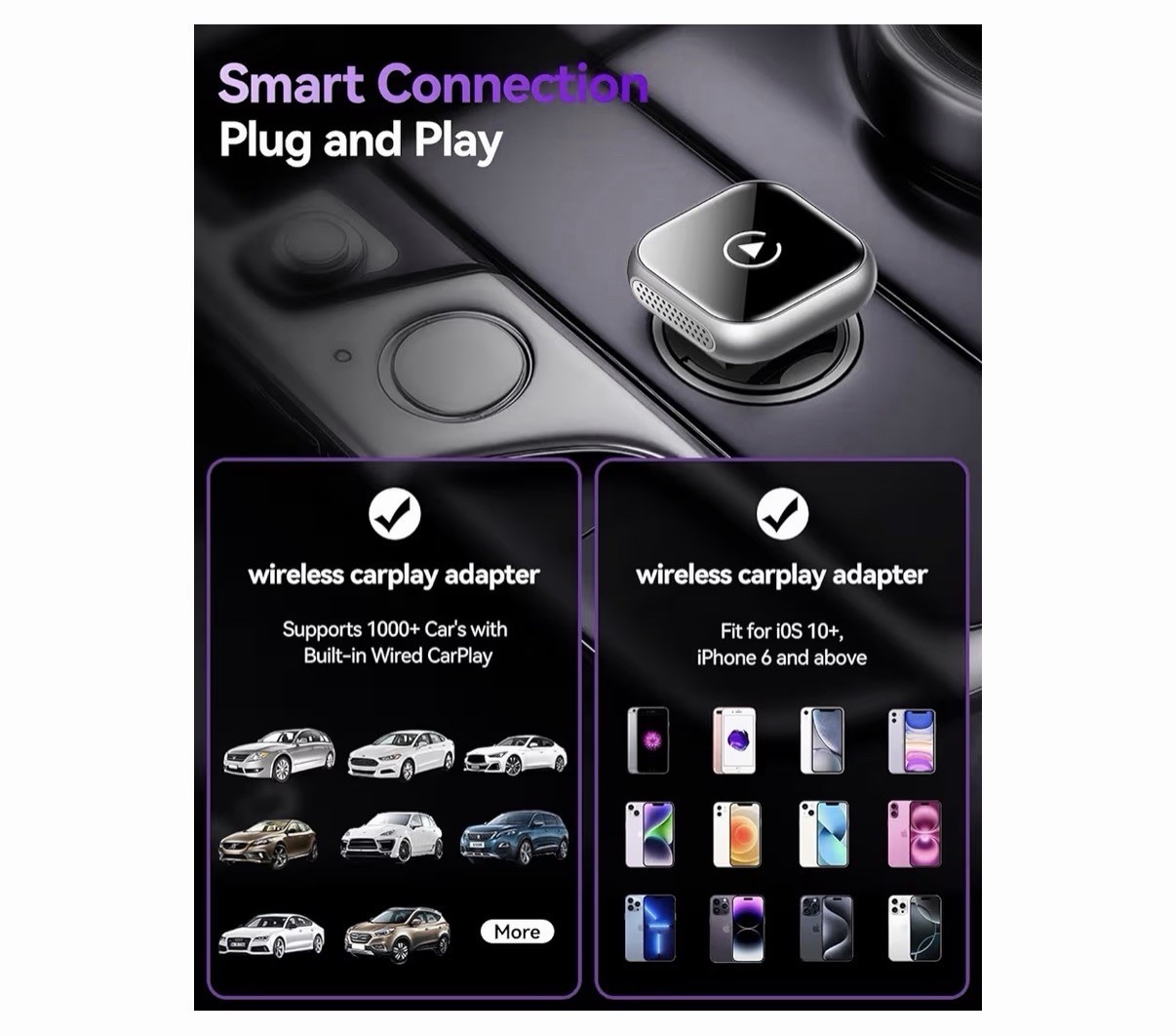 Wireless CarPlay Adapter for Apple iPhone & Android Auto USB Adapter Plug & Play