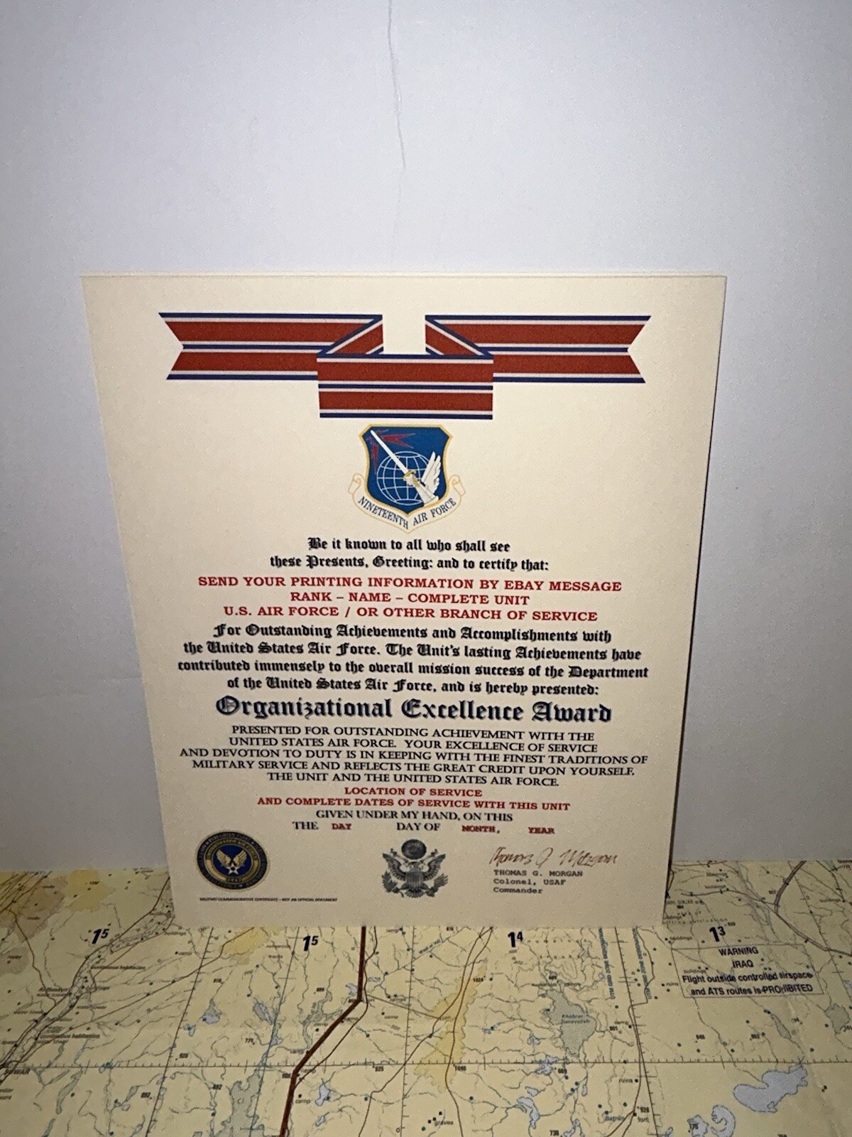 U.S. AIR FORCE / 19TH AIR FORCE - ORGANIZATIONAL EXCELLENCE AWARD CERTIFICATE