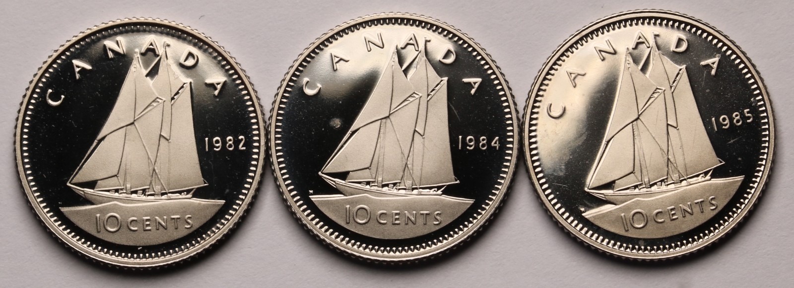1982, 1984, & 1985 Canada 10 Cents Coins (3)  QEII Proof  KM# 77.2