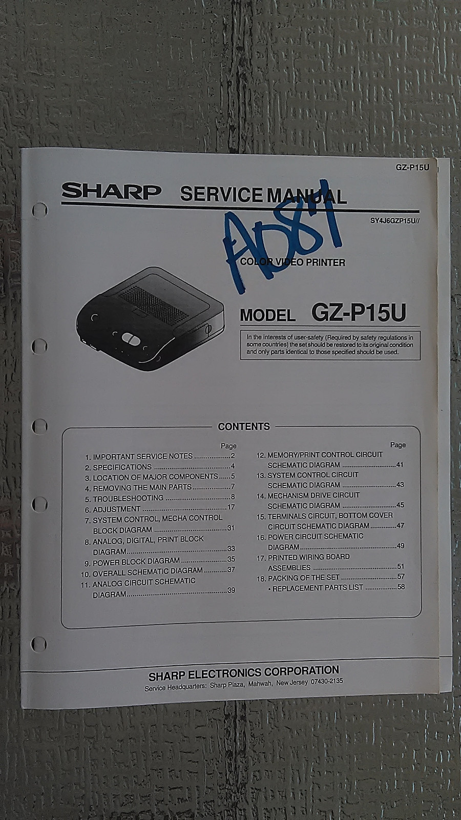Sharp gz-p15u service manual original repair book color video printer
