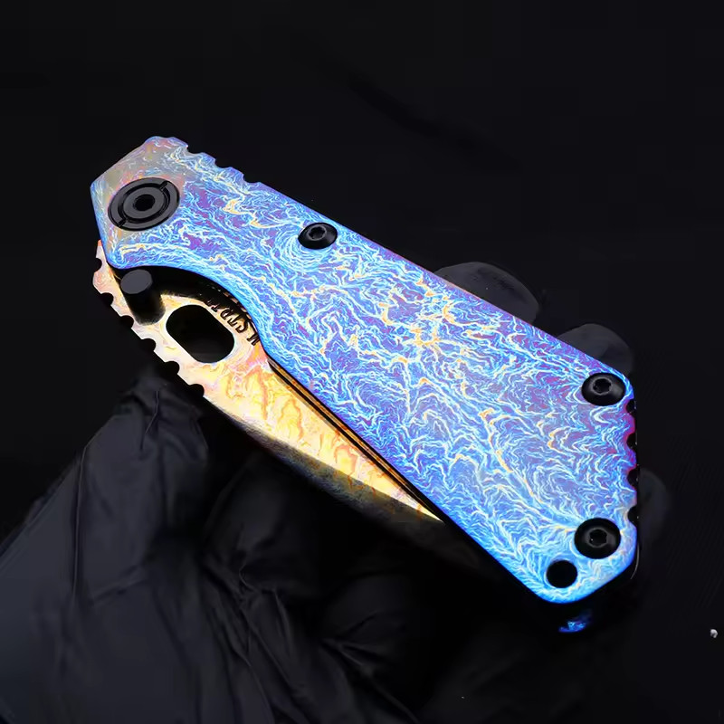 New Flame Pattern Blade TC4 Titanium Blue Anodized Custom Handle EDC Pocketknife