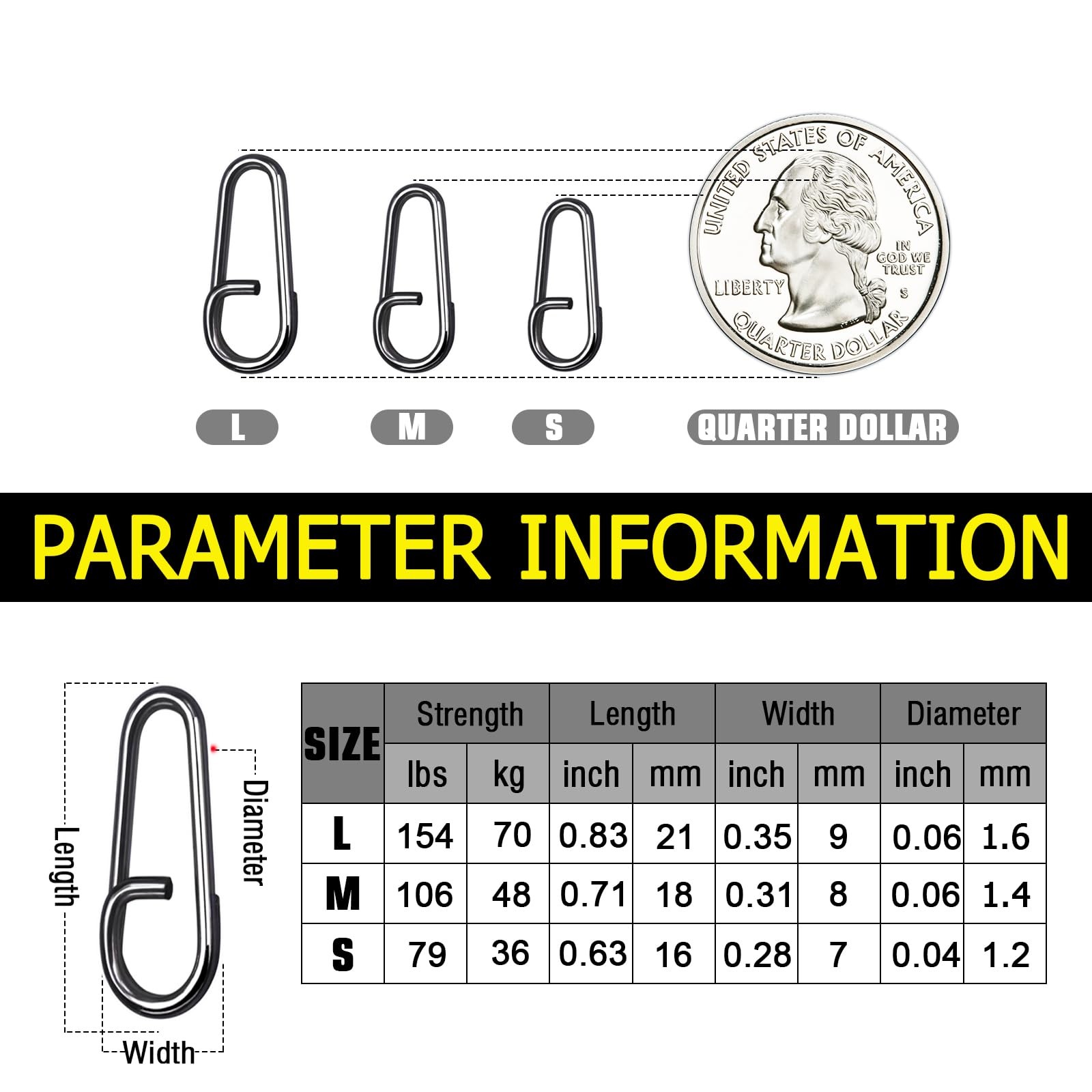 Stainless Steel Fishing Snap Freshwater High Strength Clips Saltwater Oval Blk
