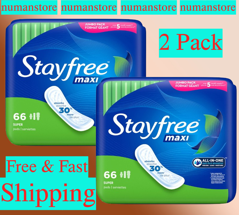 (2 pack) Stayfree Maxi Pads for Women, Super, 66 Count per pack