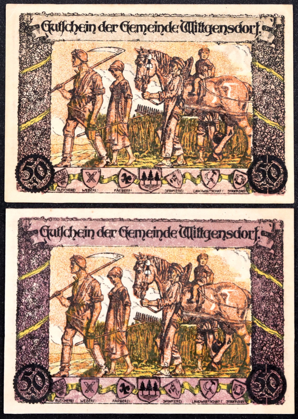 WITTGENSDORF 1921 RARE Color Variant + Normal Violet Note 2x50 Pf German Notgeld