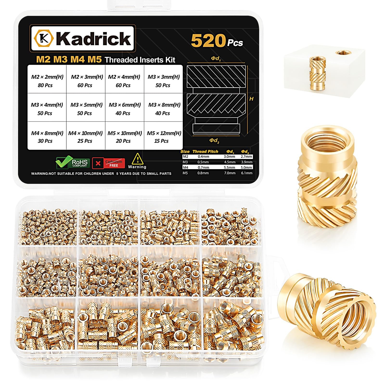 520Pcs  Threaded Inserts Assortment Kit for  Printing Components, Metric Brass
