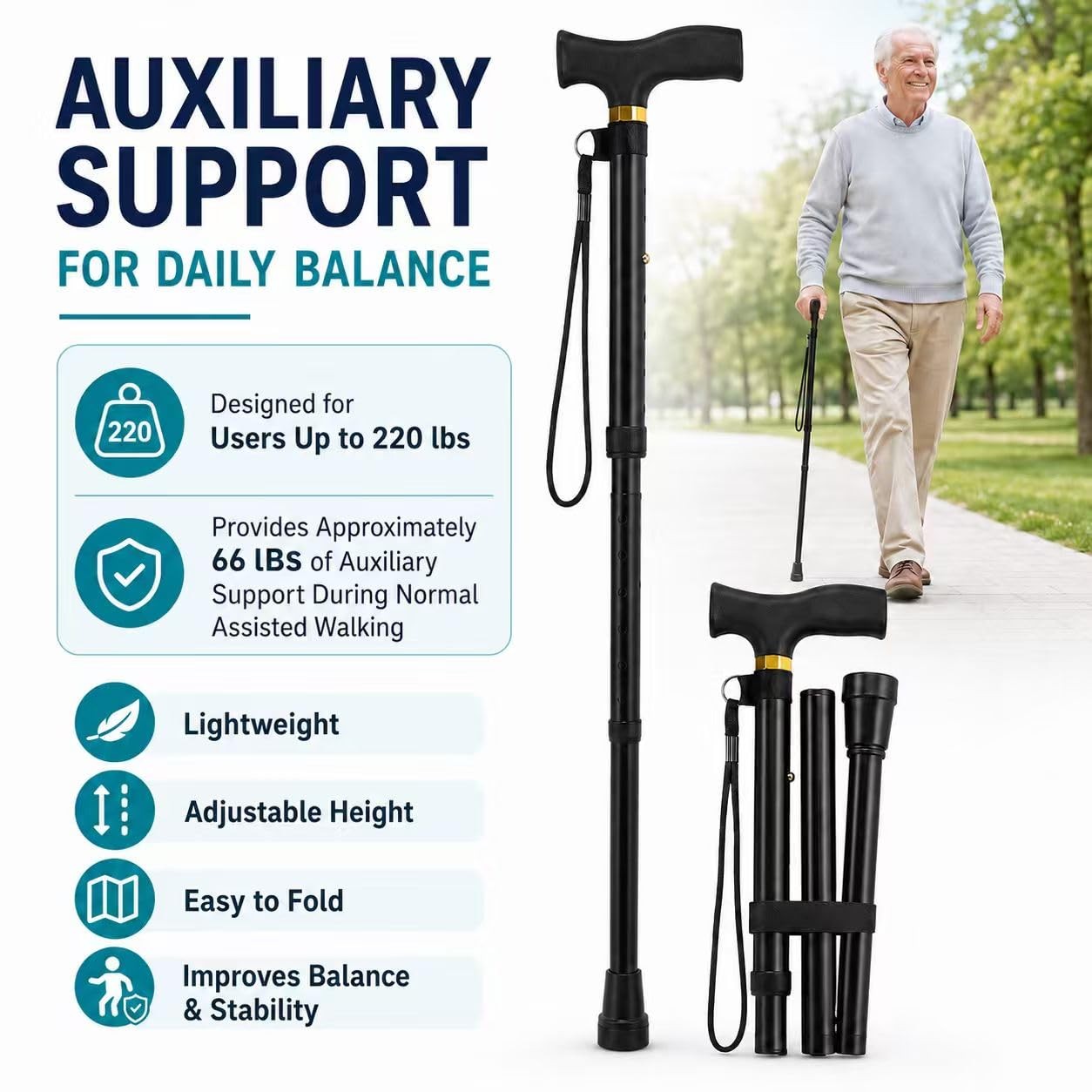 Folding Cane, Walking Height adjustment according to your requirements, Black
