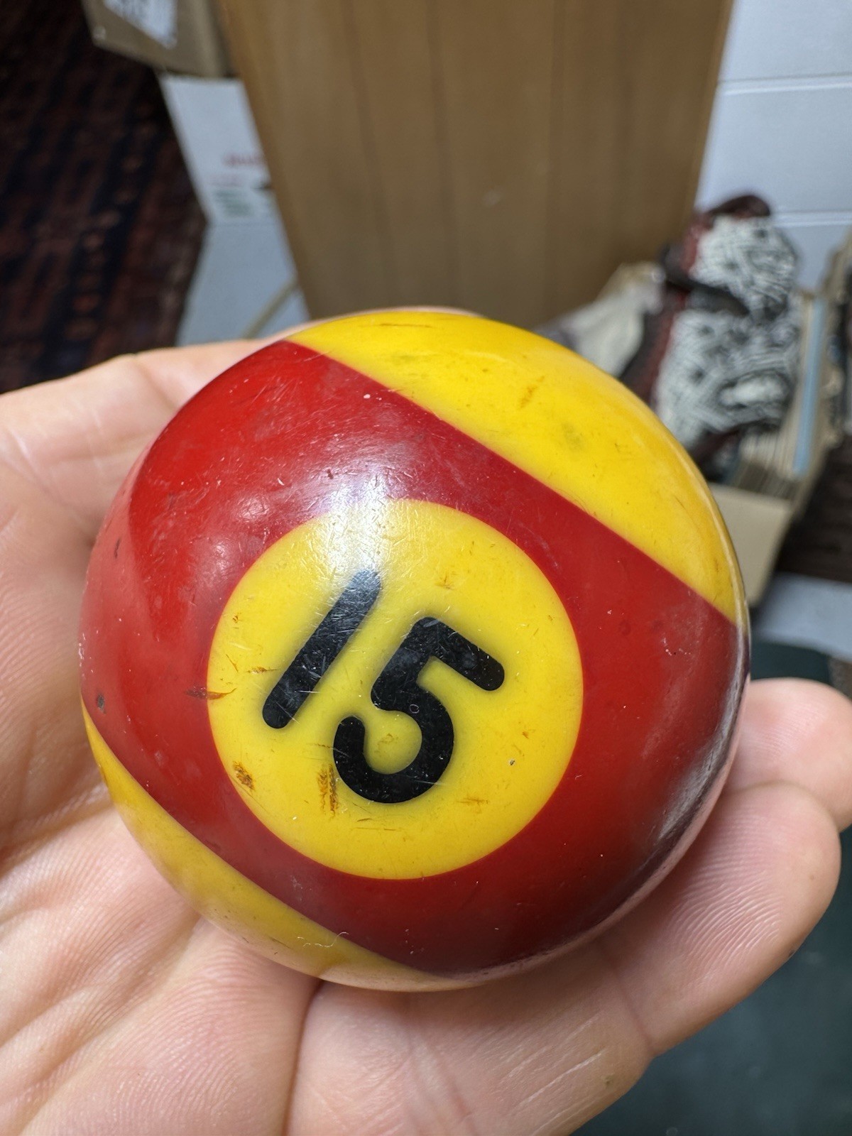 VTG Number 15 Pool Ball Maroon Stripe Yellow Patina Billiards Replacement 2 1/4”