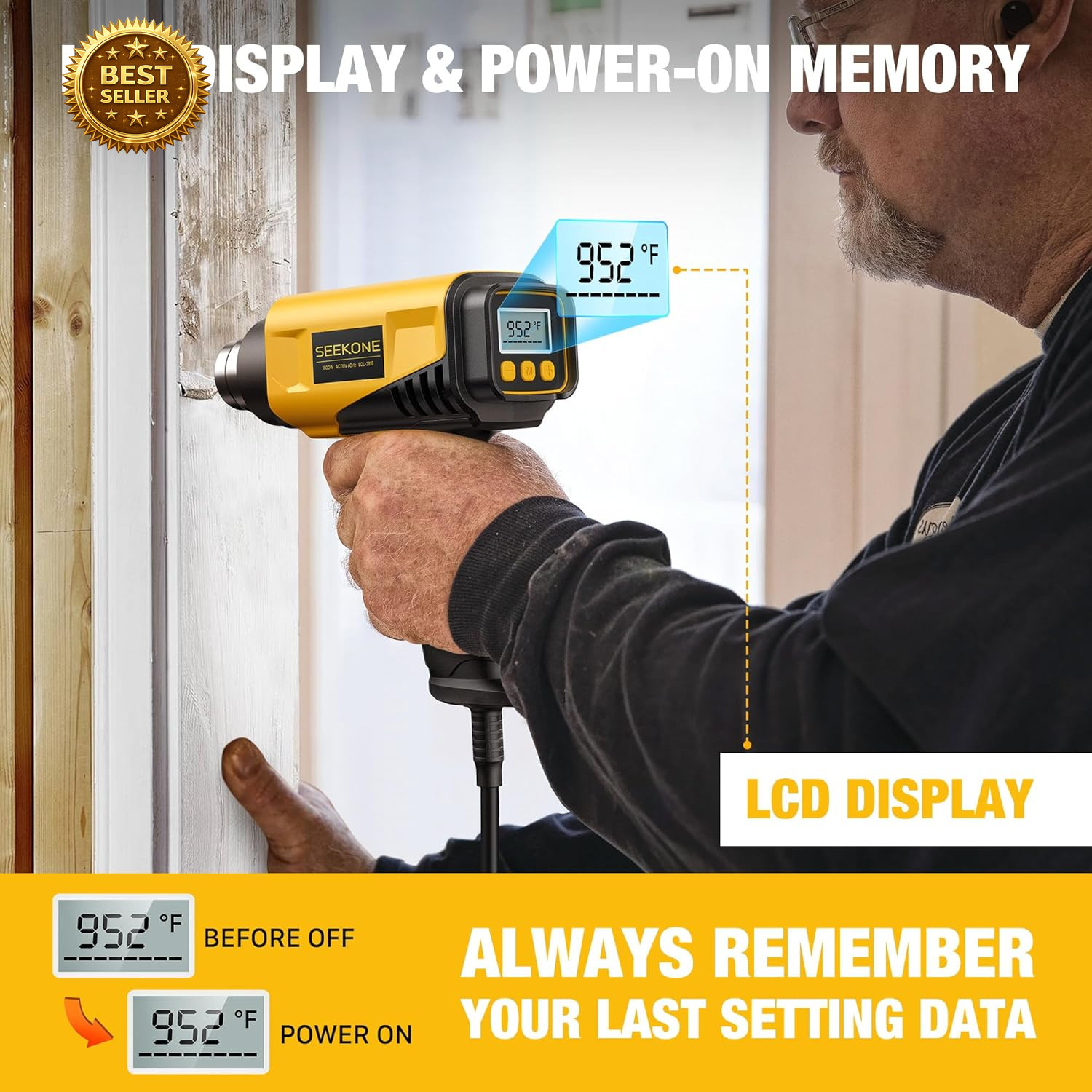 1800W Heat Gun with LCD Digital Display Compact Design Hot Air Gun Variable Temp