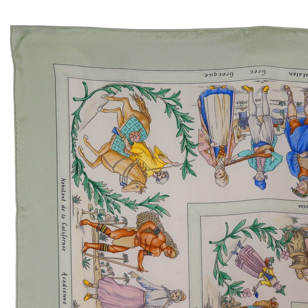 HERMES Carre 90 Silk Green White COSTUMES CIVILS ACTUELS Scarf Excellent