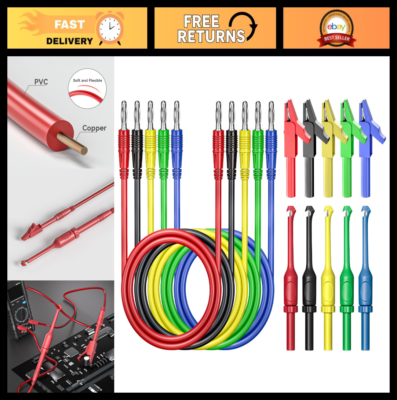 4mm Banana Plug Test Leads Kit - 15PCS Alligator Clips & Probes for Multimeter,