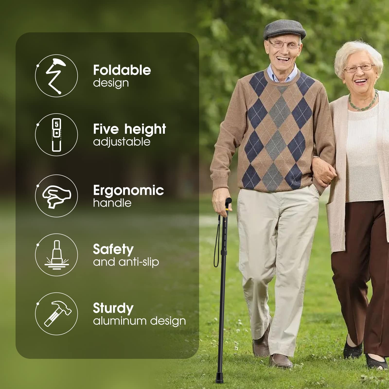 Folding Cane, Walking Height adjustment according to your requirements, Black