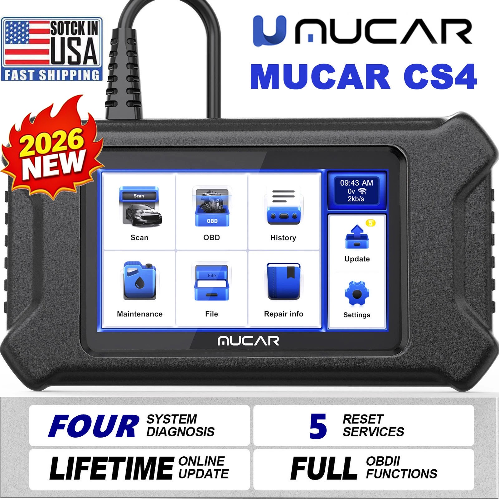 MUCAR CS4 Diagnostic Scanner Tool OBD2 Code Reader Engine SRS ABS Oil EPB SAS US