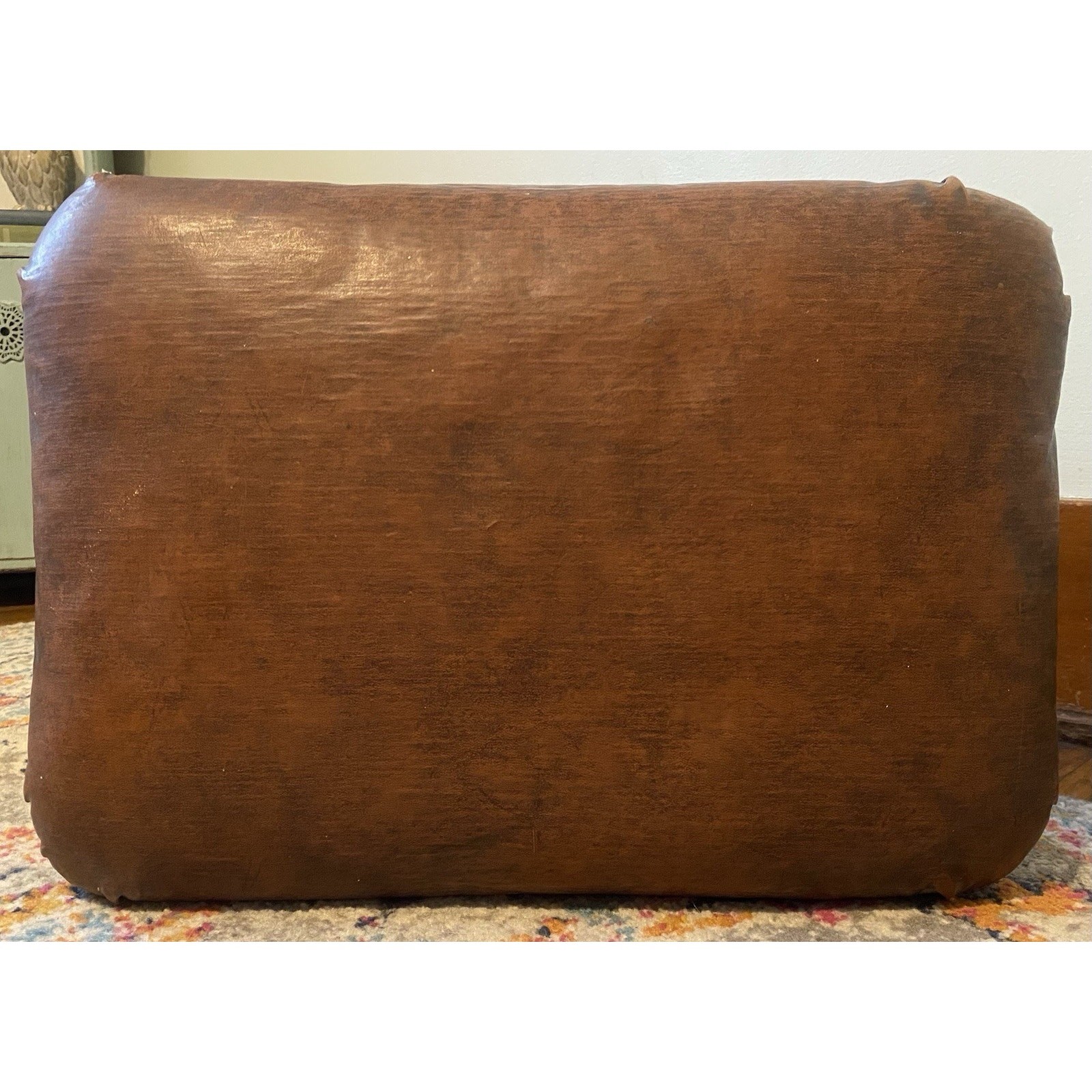 Vintage Maple Wood & Brown Vinyl Upholstered Footstool Carved Legs Dark Academia