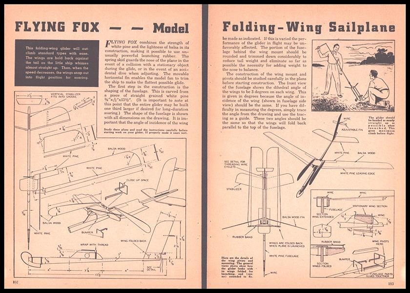 “Flying Fox ~ Model Folding Wing Sailplane” 1941 HowTo Build PLANS 23” wingspan
