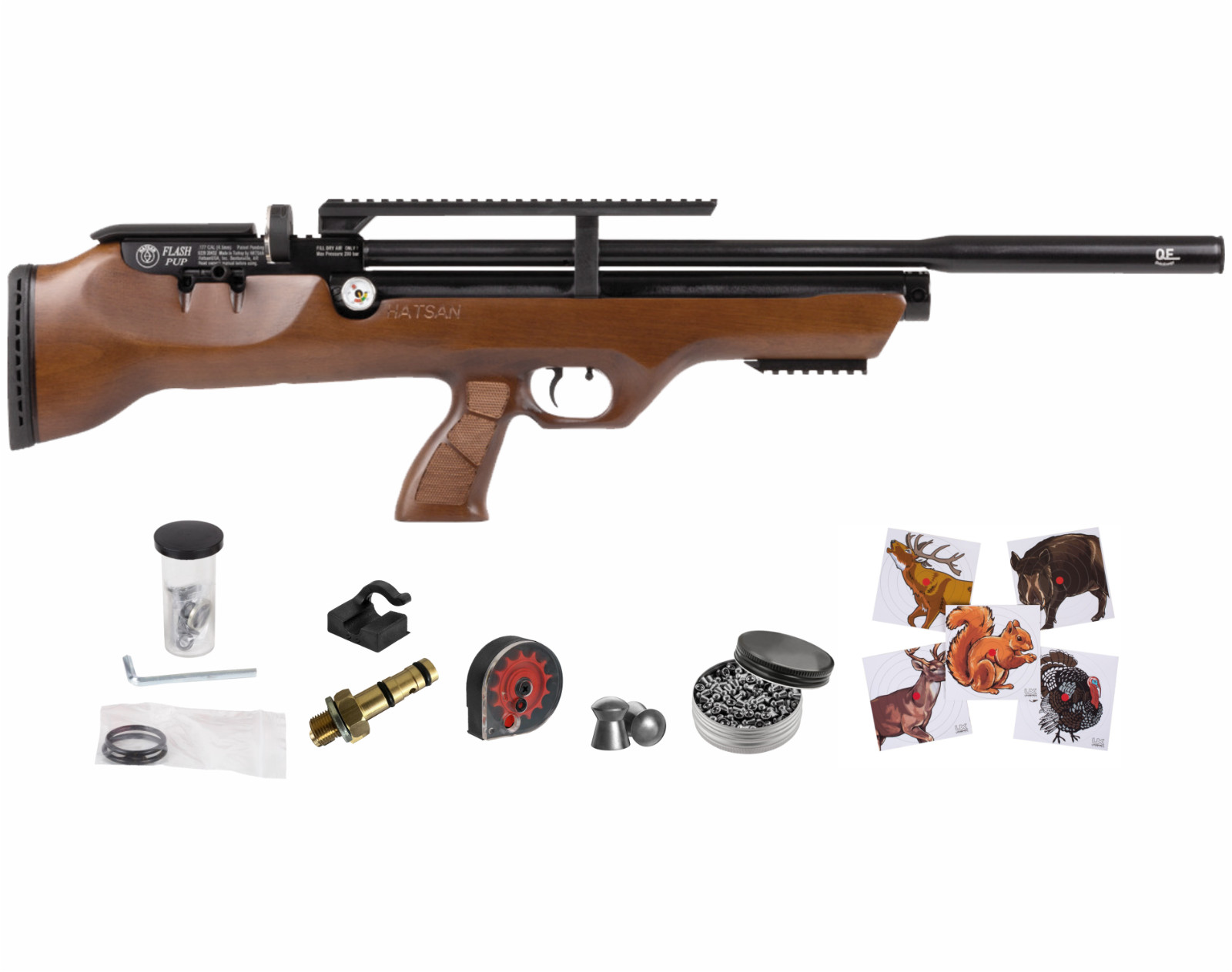 Hatsan FlashPupQE PCP .177 Cal Air Rifle with Paper Targets and Pellets Bundle