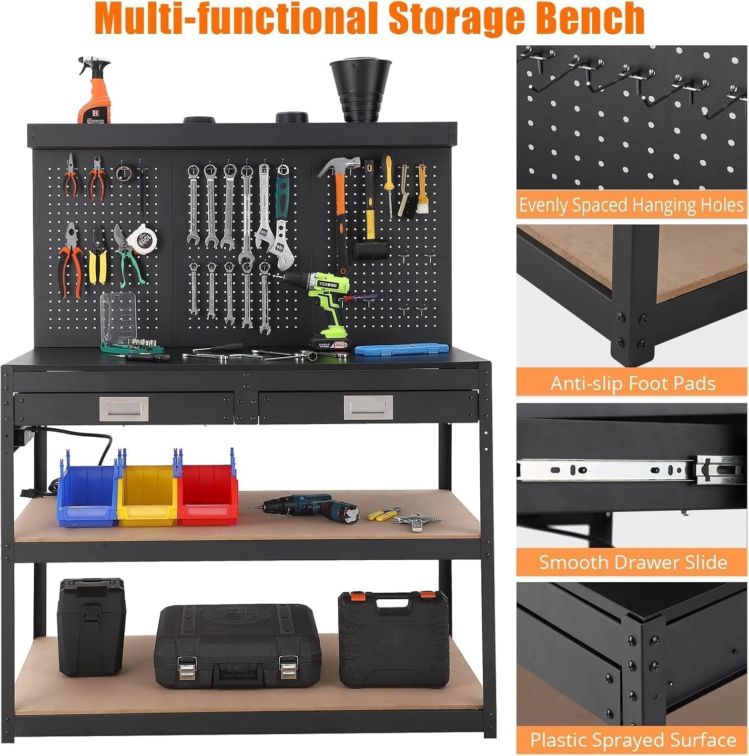 48" Workbench Multipurpose Garage Worktable w/ Pegboard Power Outlets & Drawers
