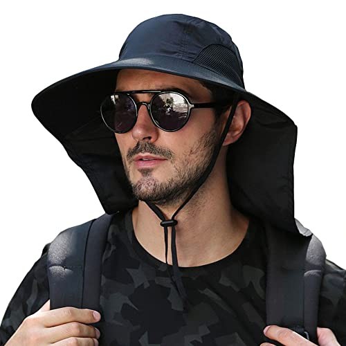 Sun Protection Hats for Men Women Wide Brim Fishing Hats One Size Xt02-black