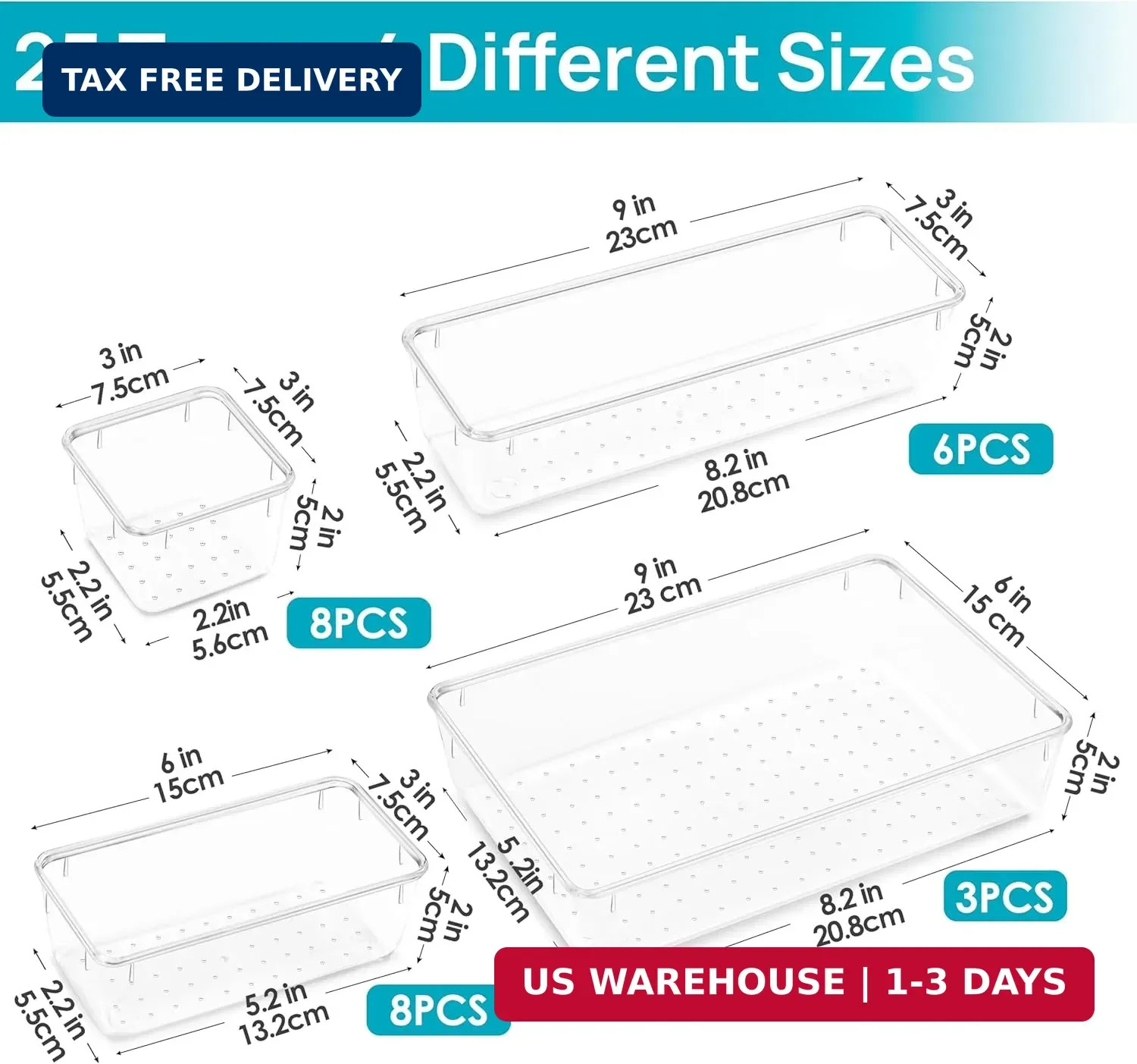 25 PCS Clear Plastic Drawer Organizers Set, 4-Size Versatile Bathroom a