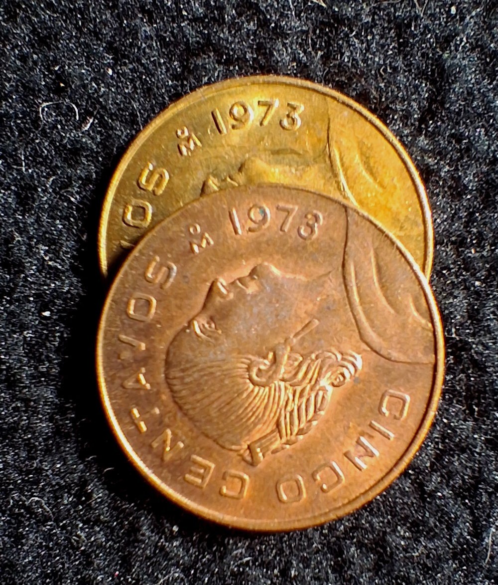 Mexico 1973 5 Centavos, Flat 3 & Round 3 Varieties (2 Coins) Free US Ship [452]
